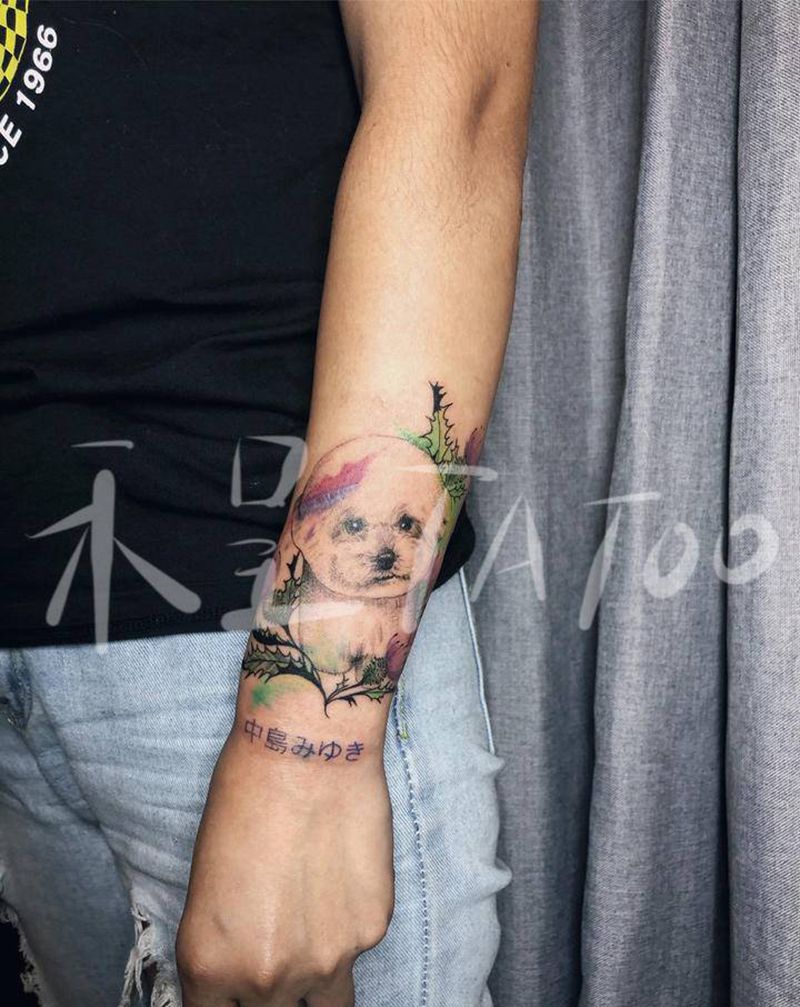 你是我的家人纹身图片_手臂水彩狗花小清新纹身图案