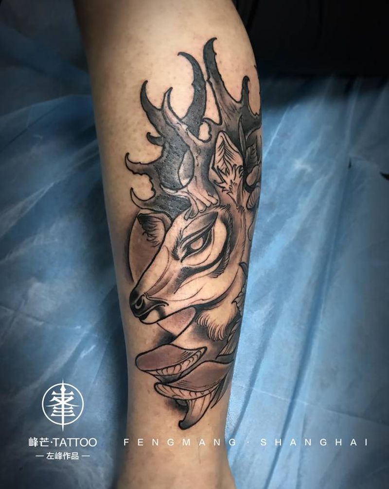 麋鹿纹身图片_腿部New School动物鹿头梅花鹿纹身图案