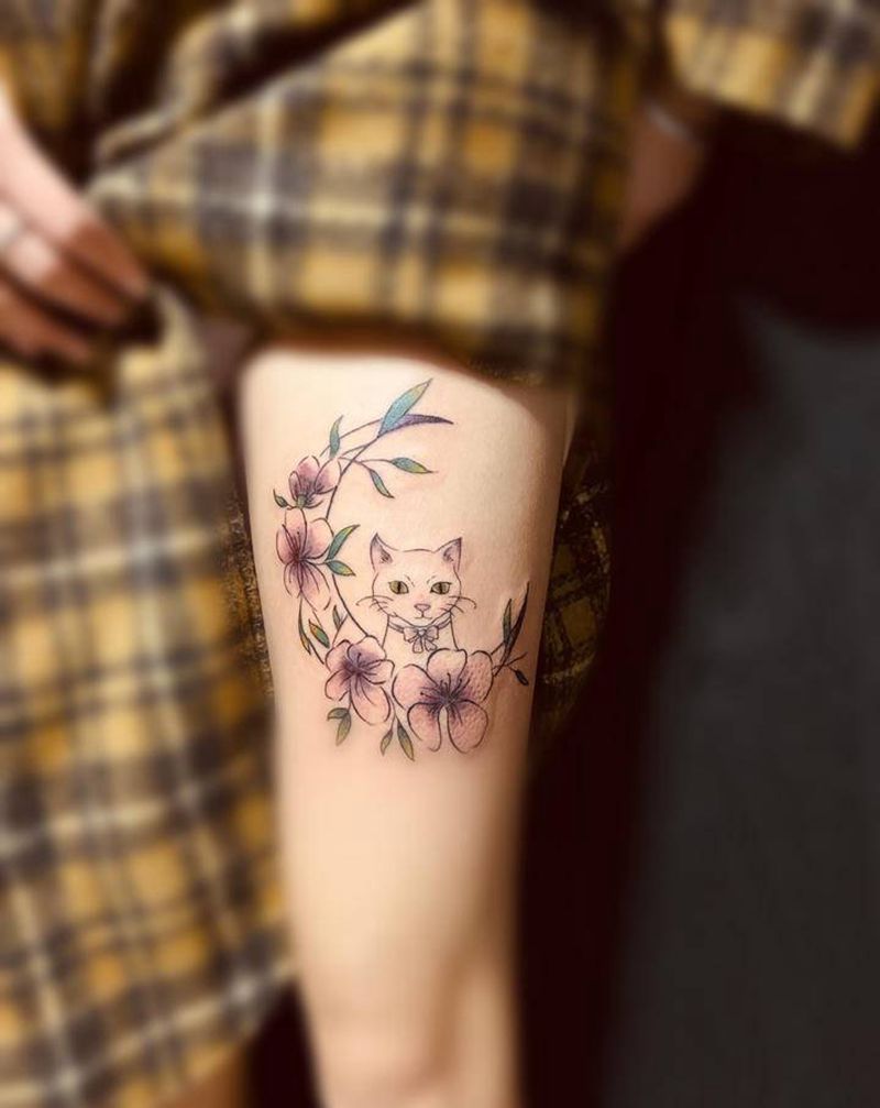 相伴一生纹身图片_腿部水彩纹身图案