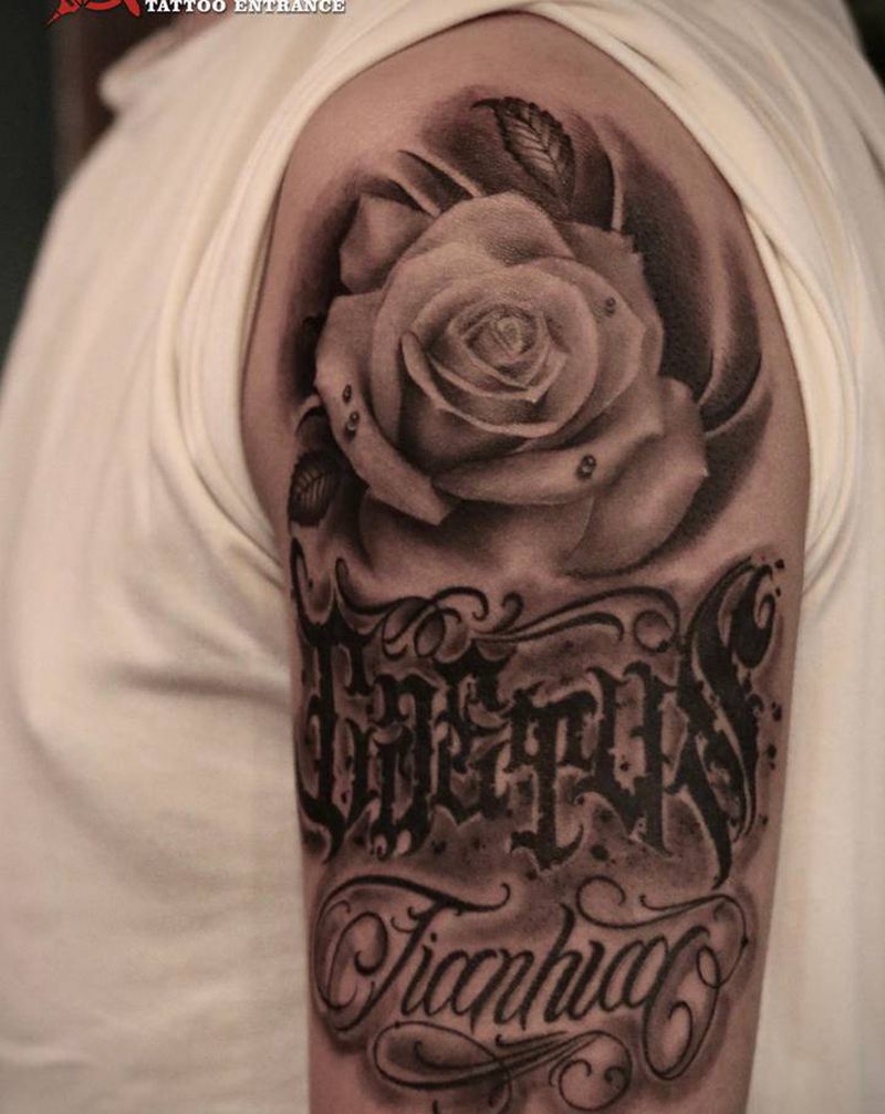 花体字玫瑰纹身图片_手臂欧美写实花体字花体字玫瑰欧美写实纹身图案