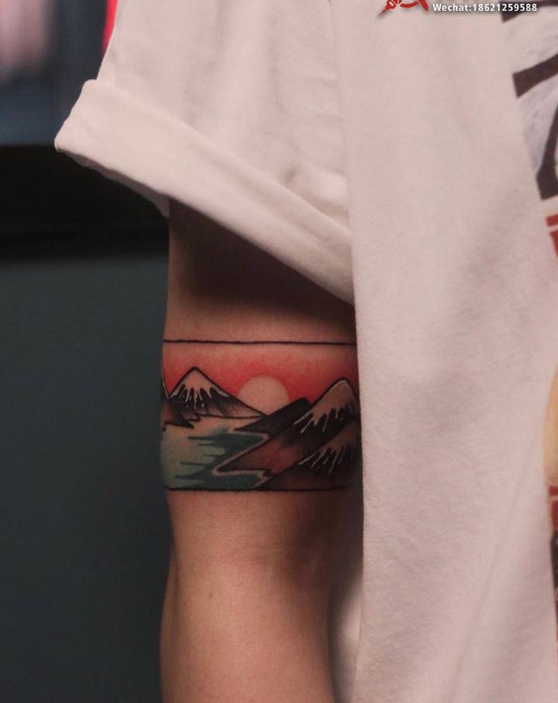 水彩臂环纹身图片_手臂水彩图腾水彩刺青风景纹身图案