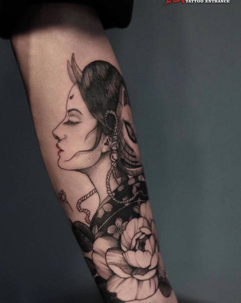 艺伎•小臂「遮盖」纹身图片_手臂点刺艺伎艺妓肖像纹身图案