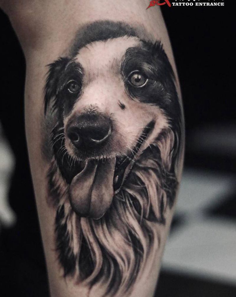 写实狗狗纹身图片_腿部欧美写实狗宠物纹身图案