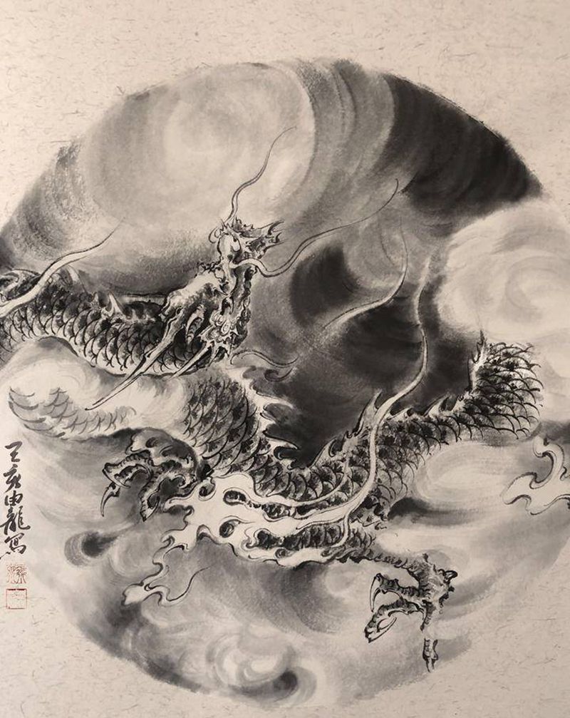 墨龙小品纹身图片_新传统水墨纹身图案
