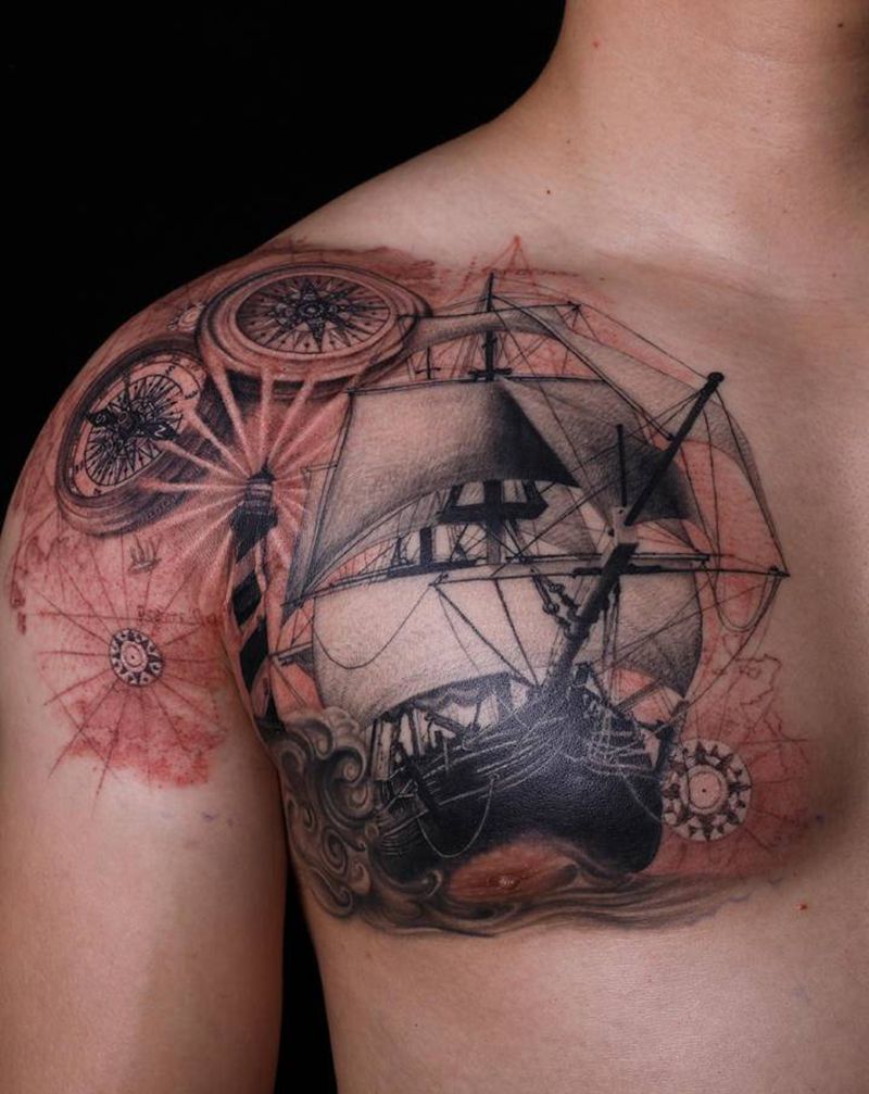 方向，归岸，家，永远的港湾纹身图片_胸部欧美写实纹身图案