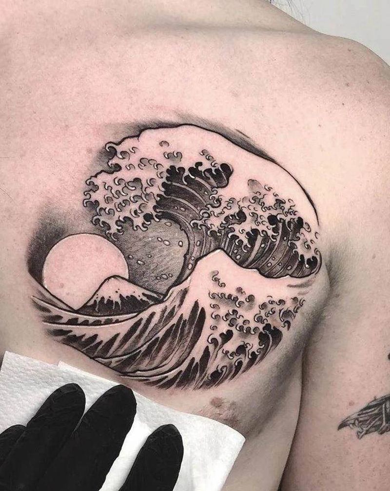 浪纹身纹身图片_肩部手臂水墨纹身图案