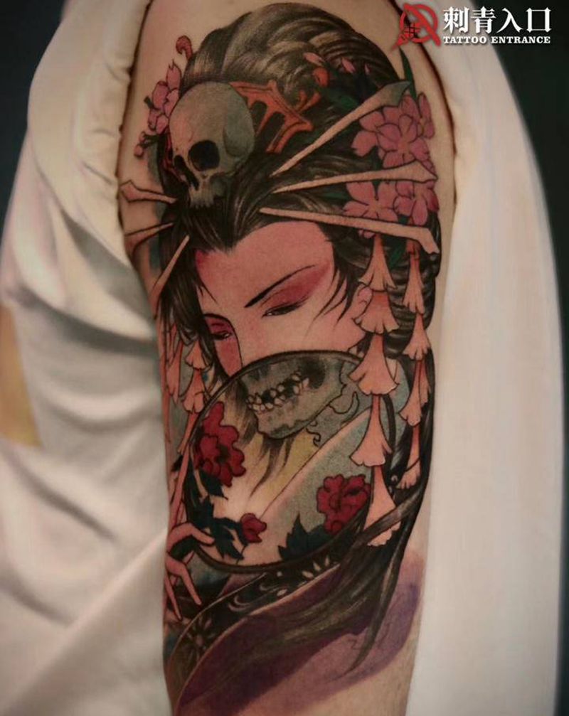 双面艺伎纹身图片_手臂新传统New School艺伎纹身图案