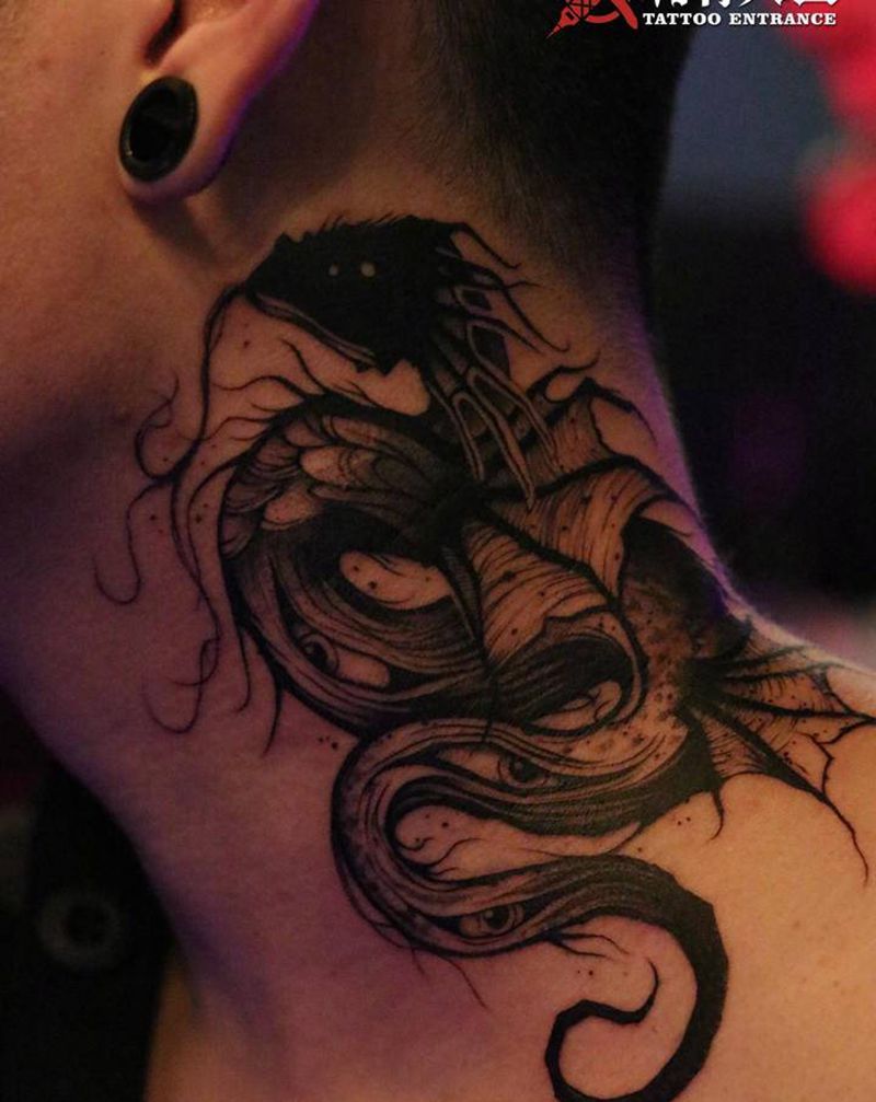 Black Dragon纹身图片_颈部图腾点刺龙脖子暗黑龙纹身图案