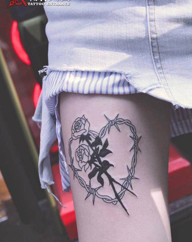 带刺的玫瑰纹身图片_腿部图腾几何玫瑰黑玫瑰花纹身图案