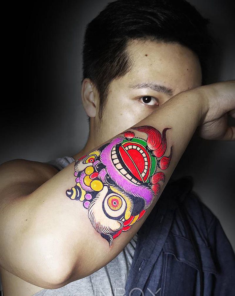 唐狮纹身图片_手臂手部新传统New School纹身图案