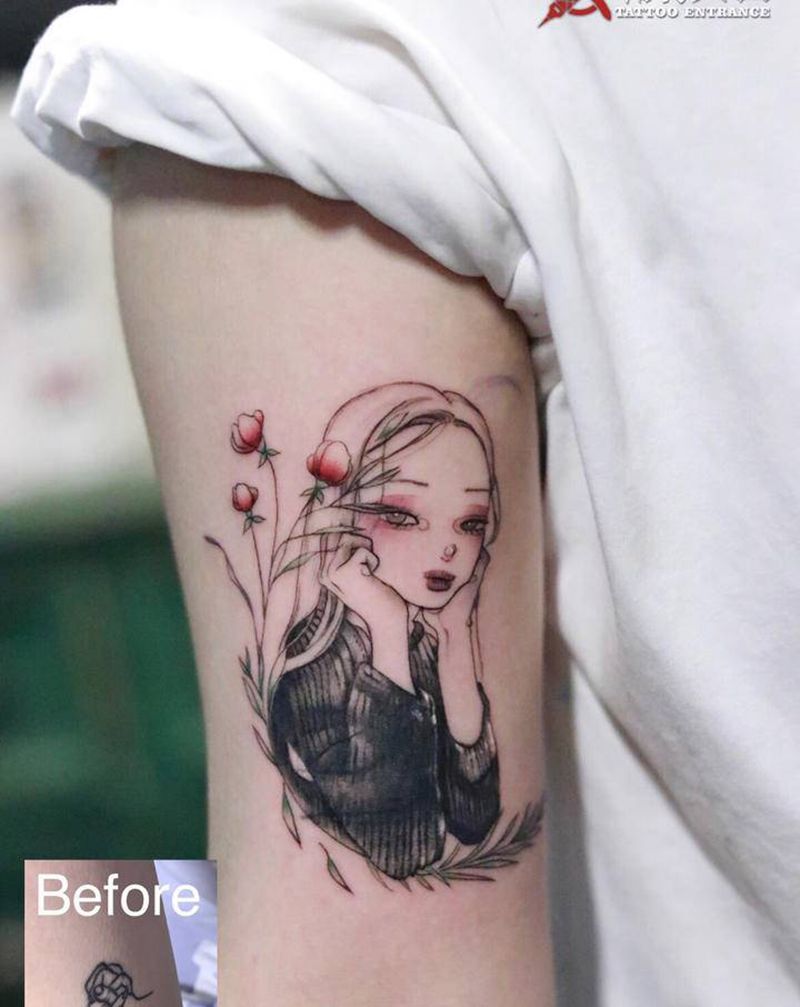 发呆的女孩纹身图片_手臂水彩点刺女孩遮盖纹身图案