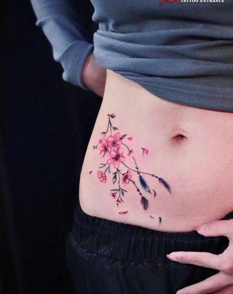 樱花纹身图片_腹部腰部水彩樱花花纹身图案
