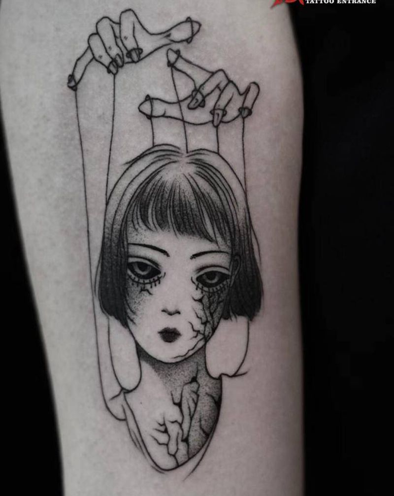 人偶娃娃纹身图片_手臂点刺欧美写实人物头像肖像纹身图案