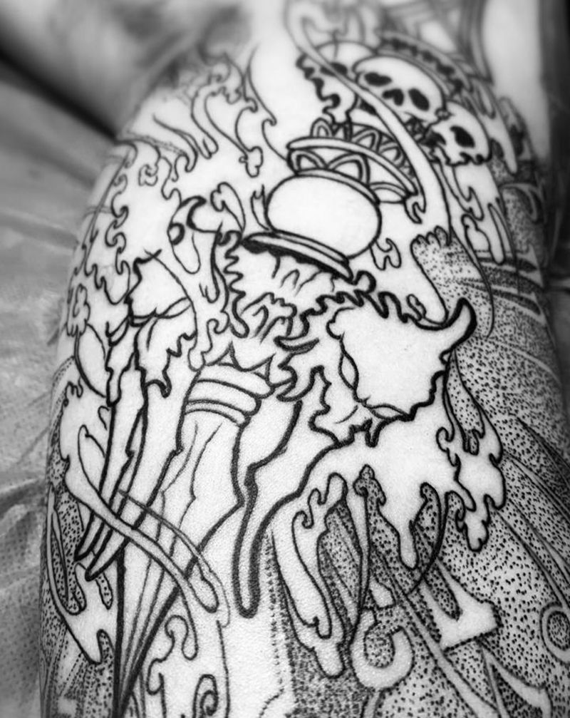 金刚杵加六字真言未完成纹身图片_手臂新传统点刺纹身图案