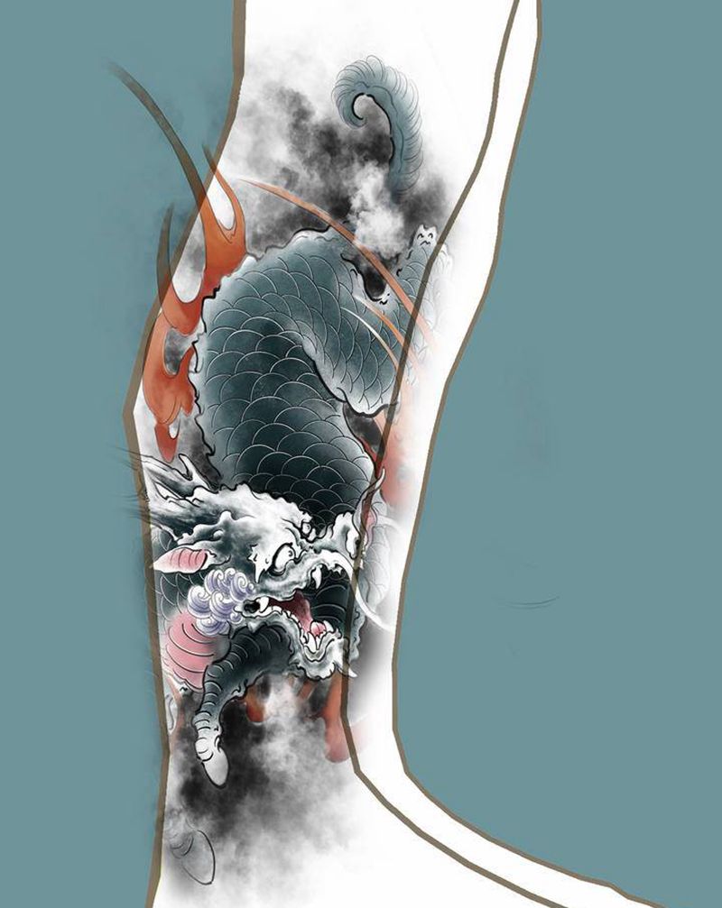 麒麟设计纹身图片_腿部手臂新传统纹身图案
