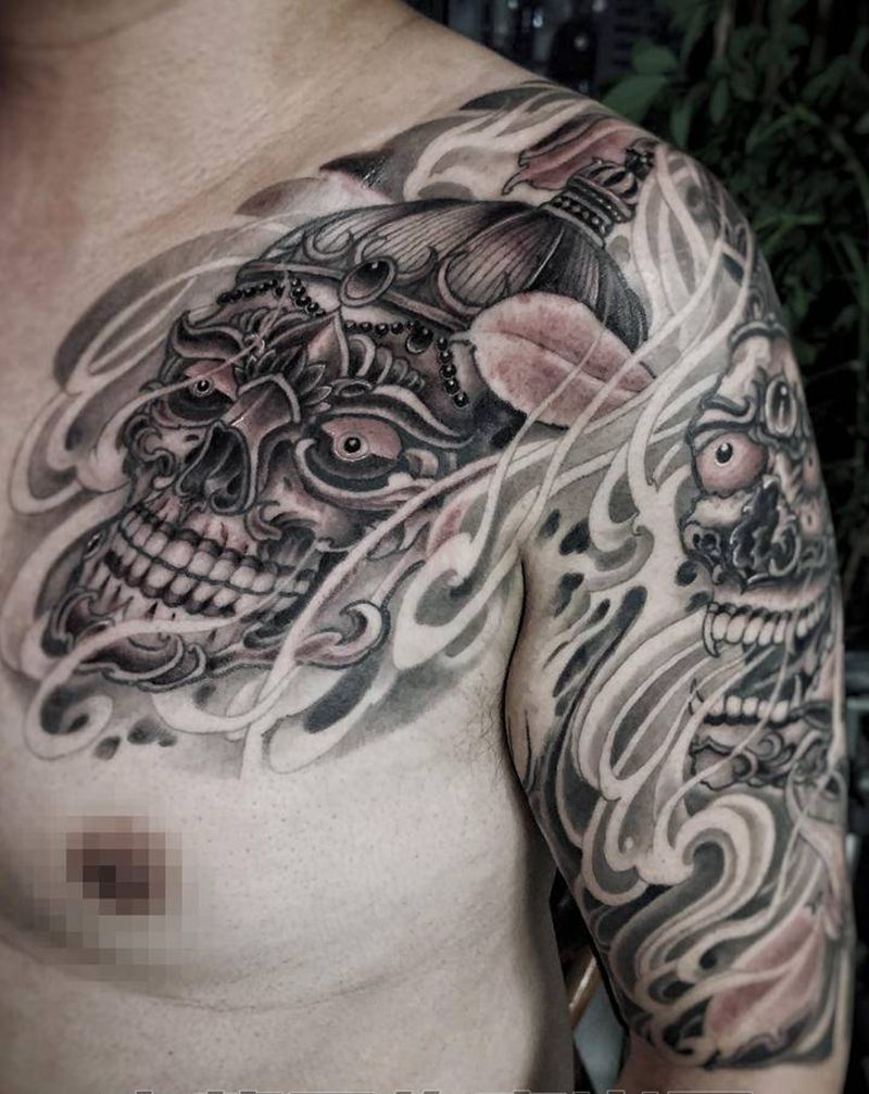 半甲纹身纹身图片_肩部胸部新传统纹身图案