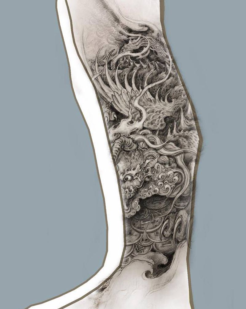 招财貔貅纹身图片_腿部肩部新传统纹身图案