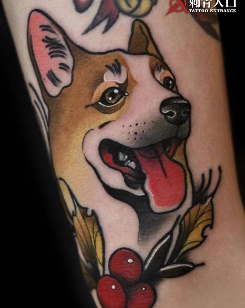 宠物纹身狗纹身柯基纹身图片_手臂New School柯基狗宠物纹身图案