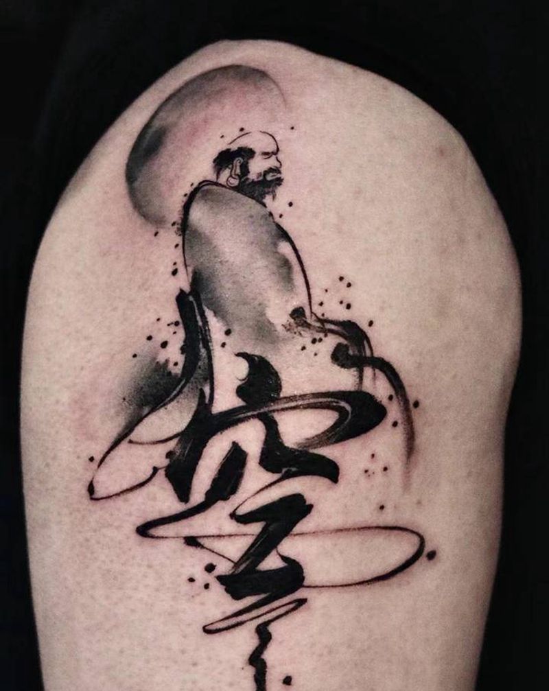 达摩纹身图片_手臂水墨达摩水墨传统纹身图案