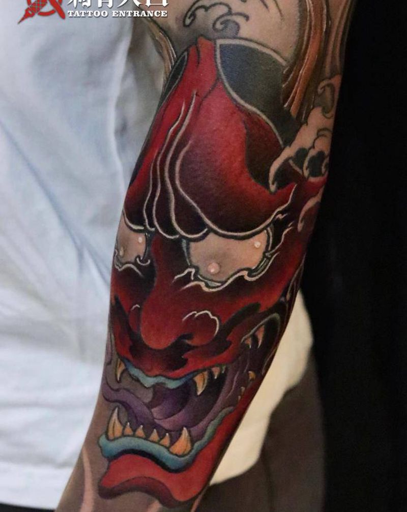 般若纹身图片_手臂新传统般若传统彩色菊花纹身图案