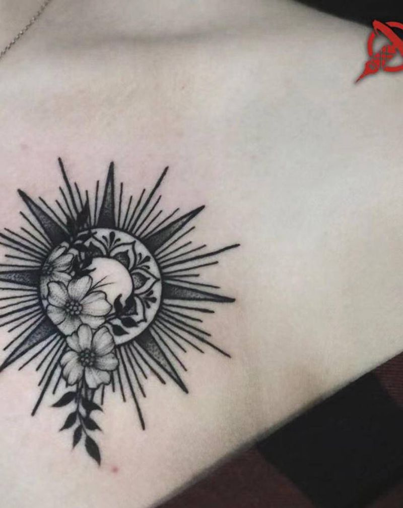 生命纹身图片_胸部点刺图腾光太阳花纹身图案