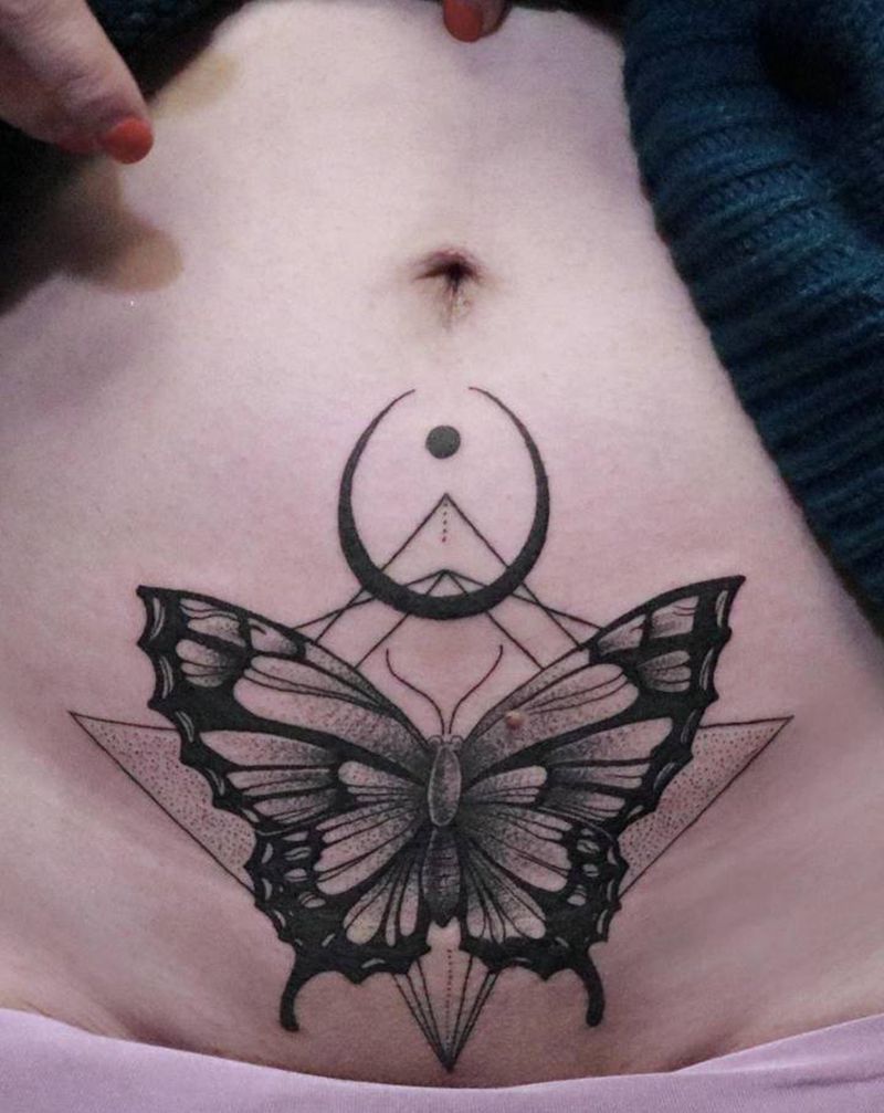 蝶纹身图片_腹部点刺图腾蝴蝶蝶腹部纹身图案
