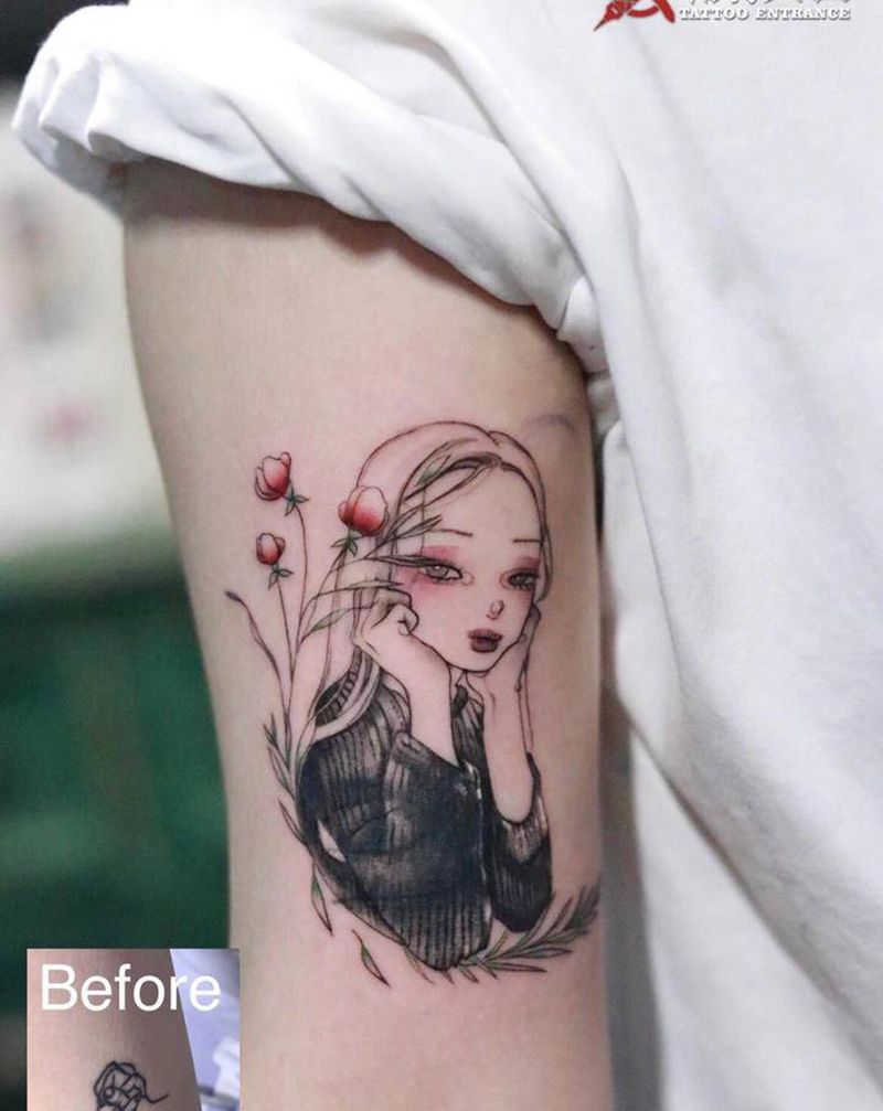 暗黑女生纹身图片_手臂点刺水彩女生纹身图案