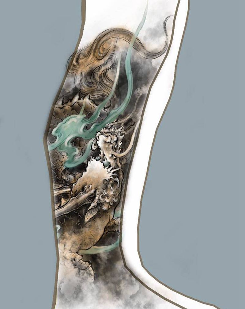 麒麟纹身设计稿纹身图片_腿部手臂新传统麒麟纹身图案