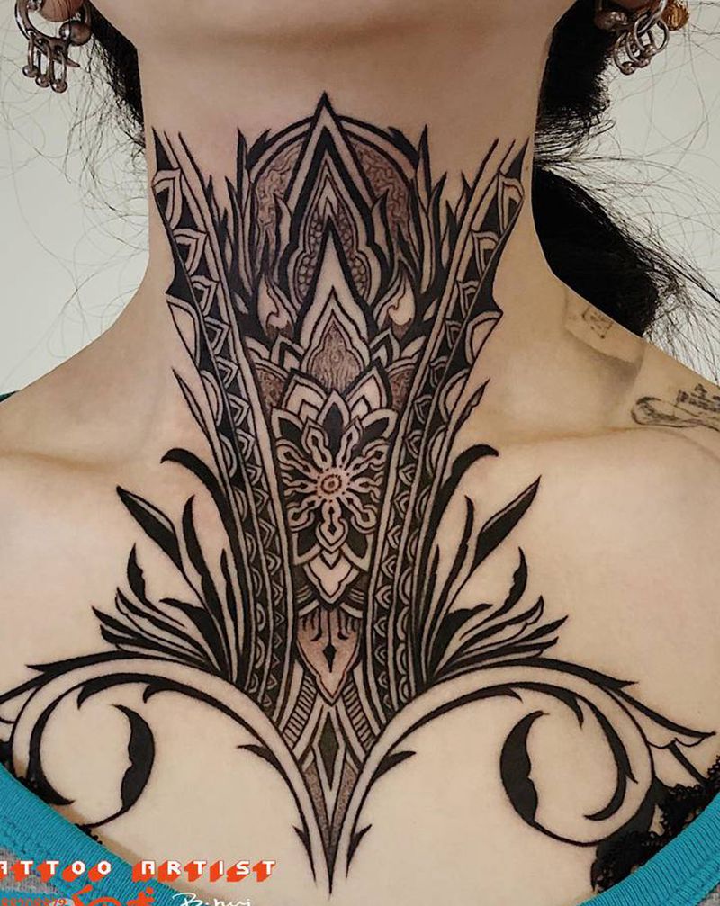 蔓藤纹身图片_颈部图腾点刺纹身图案