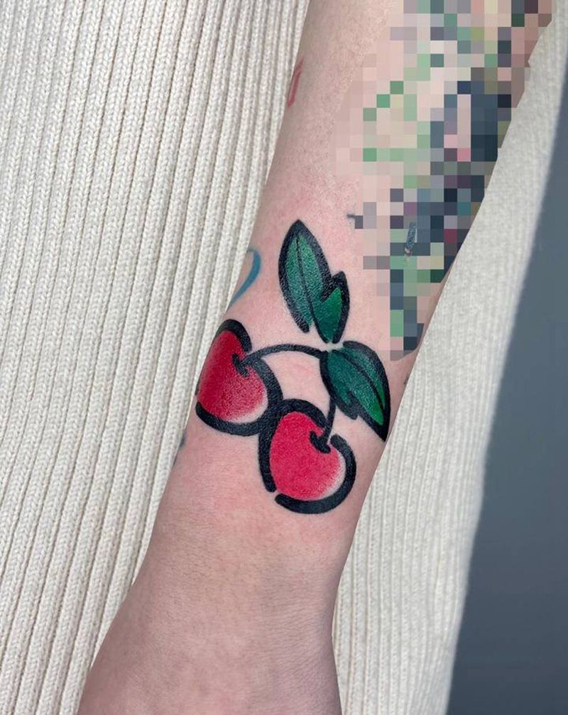 樱桃纹身图片_手臂New School水彩纹身图案