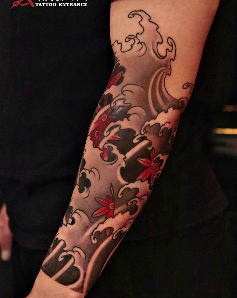 传统浪花小臂纹身图片_手臂老传统浪花传统包小臂纹身图案