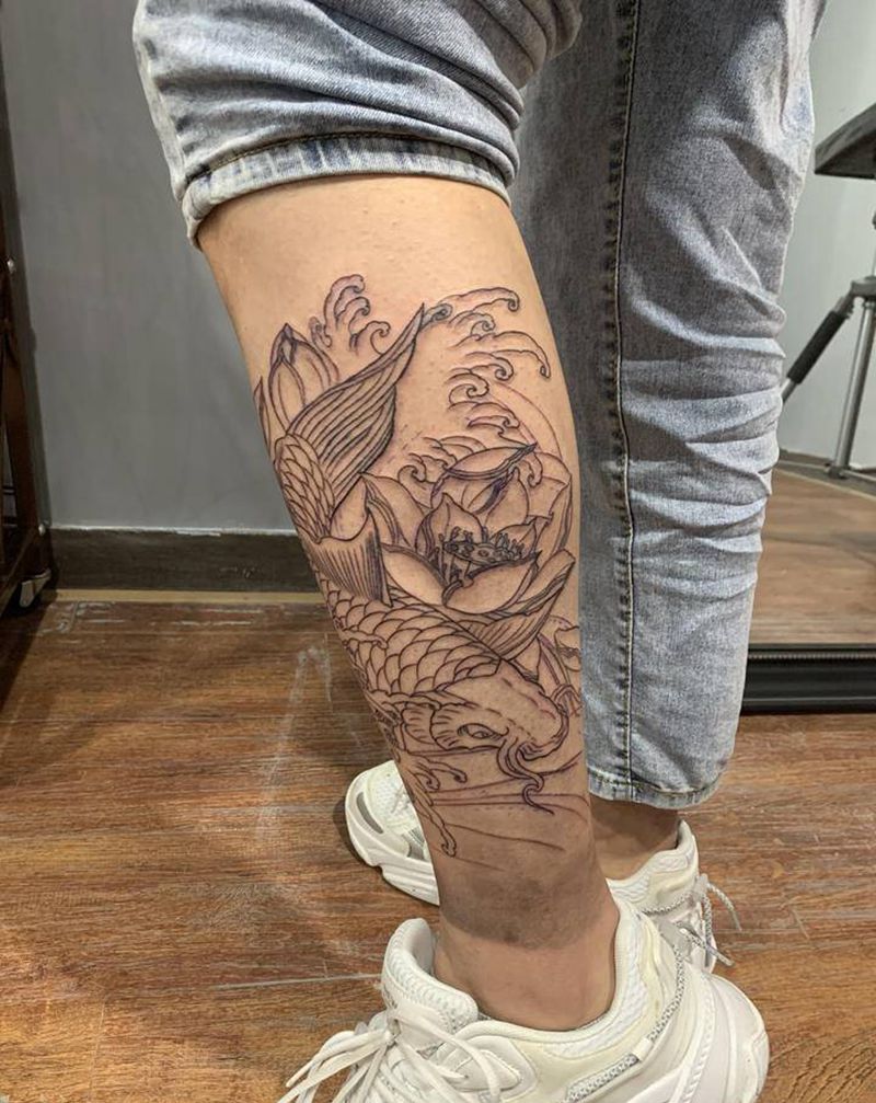 未完成传统鲤鱼纹身图片_腿部老传统纹身图案
