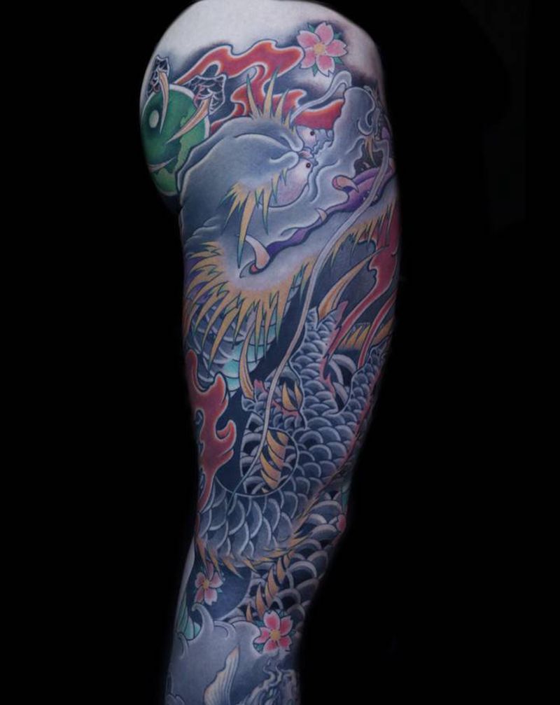 龙花腿纹身图片_腿部纹身图案