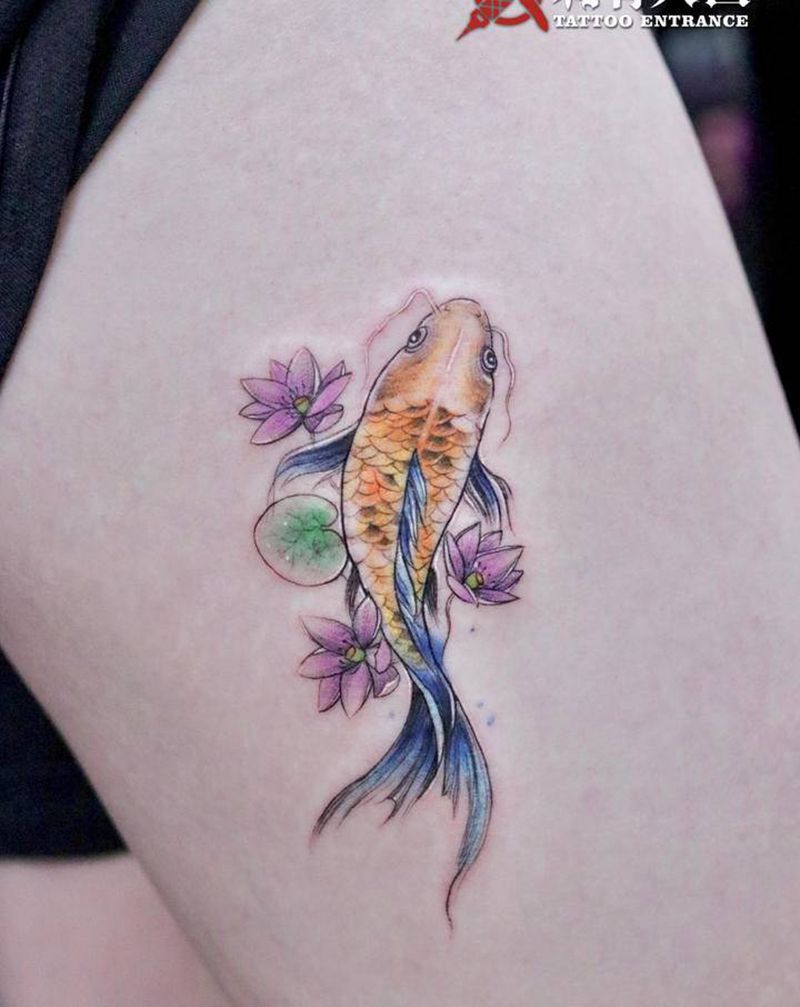 水彩鲤鱼纹身图片_腿部水彩鱼鲤鱼小鱼纹身图案