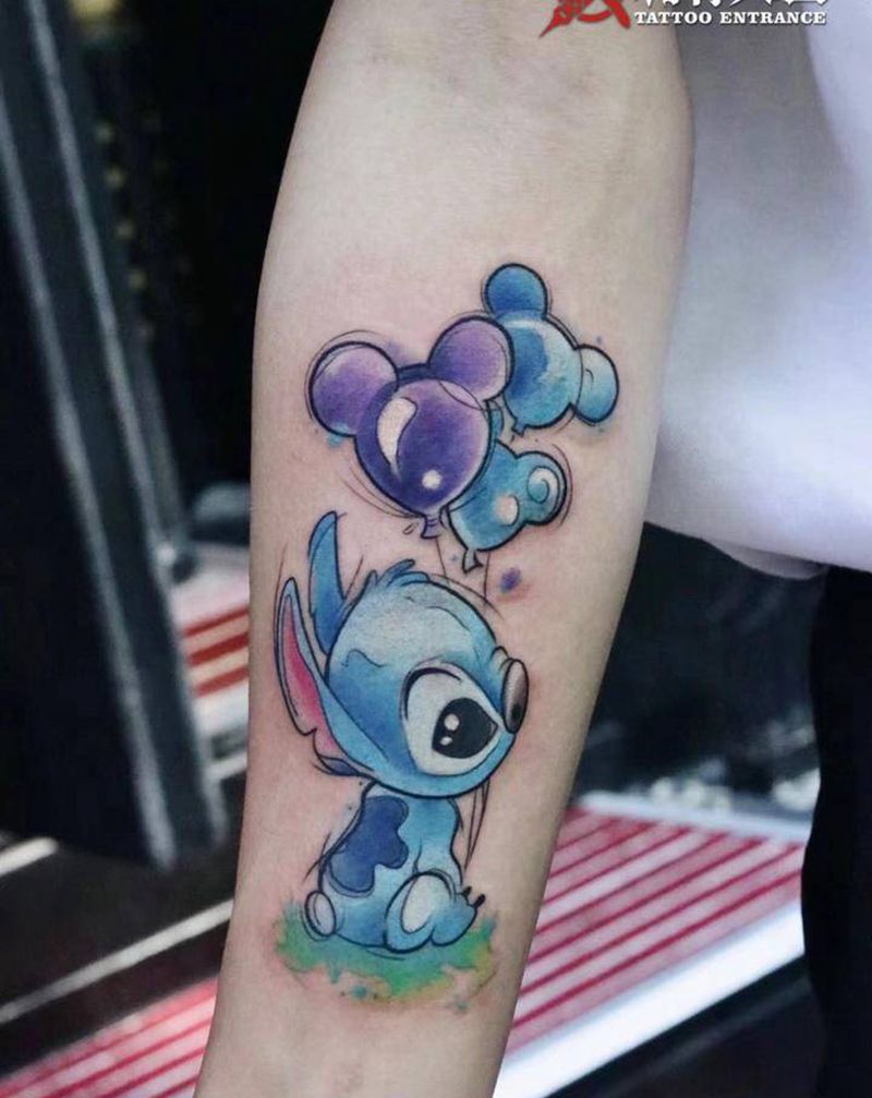 史迪仔纹身图片_手臂New School水彩史迪仔史迪奇卡通纹身图案