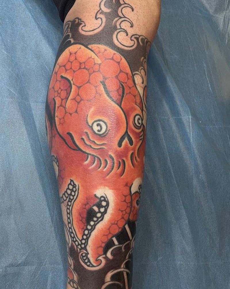 章鱼传统包小腿纹身图片_腿部老传统纹身图案