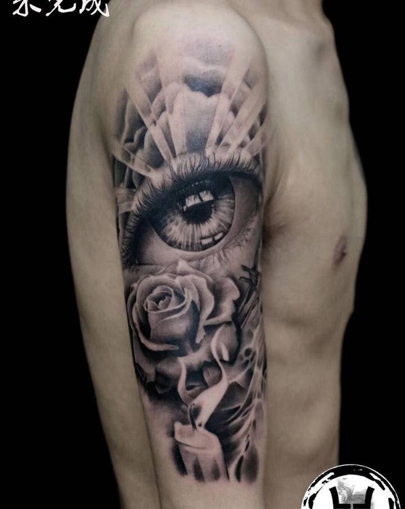 欧美写实纹身图片_肩部手部欧美写实写实眼睛纹身图案