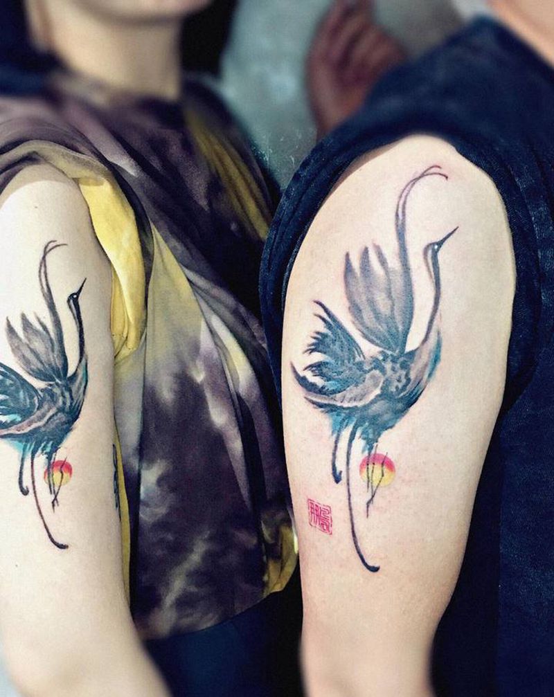 情侣仙鹤纹身纹身图片_手臂肩部纹身图案