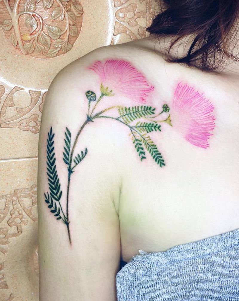 水彩合欢花纹身图片_手臂肩部水彩纹身图案