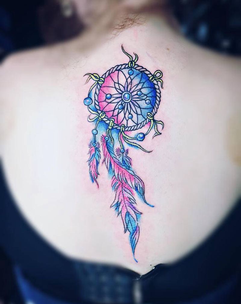 水彩捕梦网纹身图片_背部水彩纹身图案