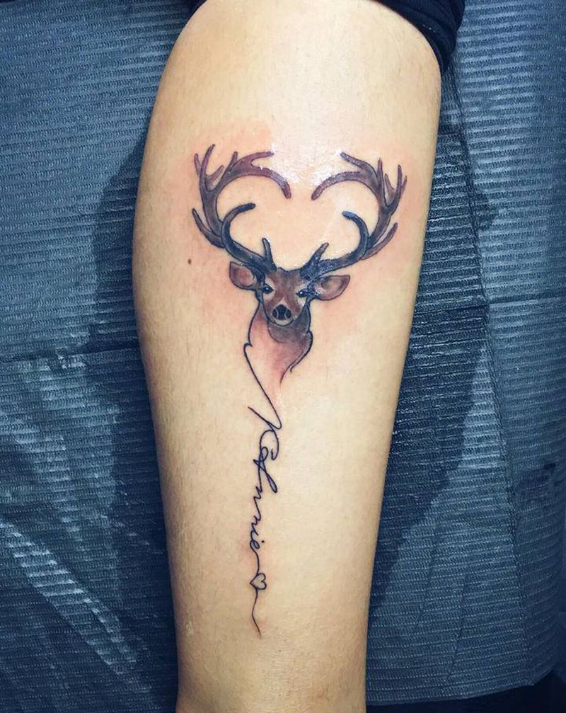 小清新麋鹿和英文纹身图片_腿部纹身图案