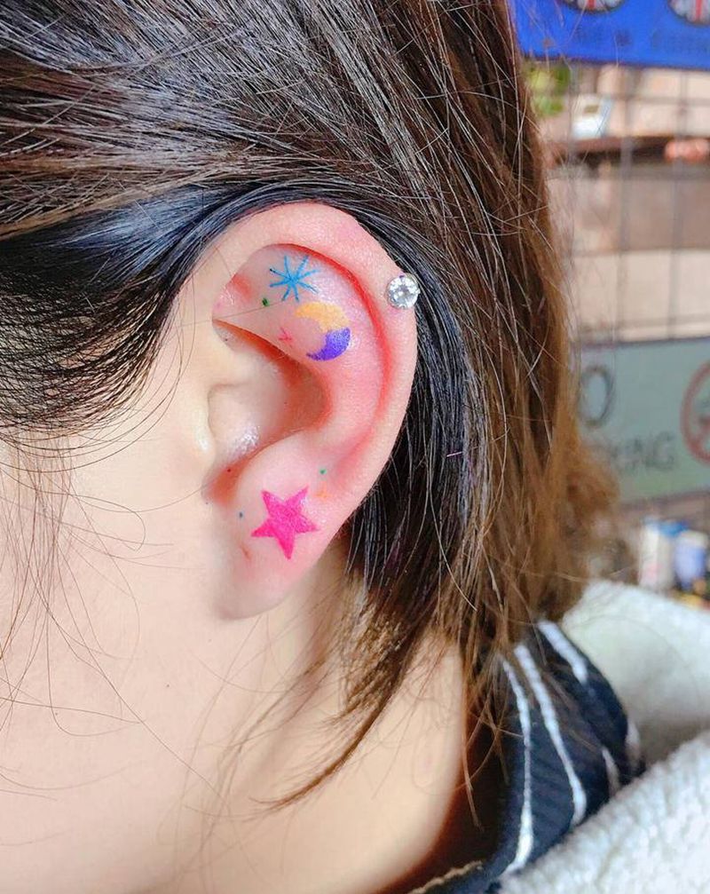 耳朵小清新纹身图片_水彩纹身图案