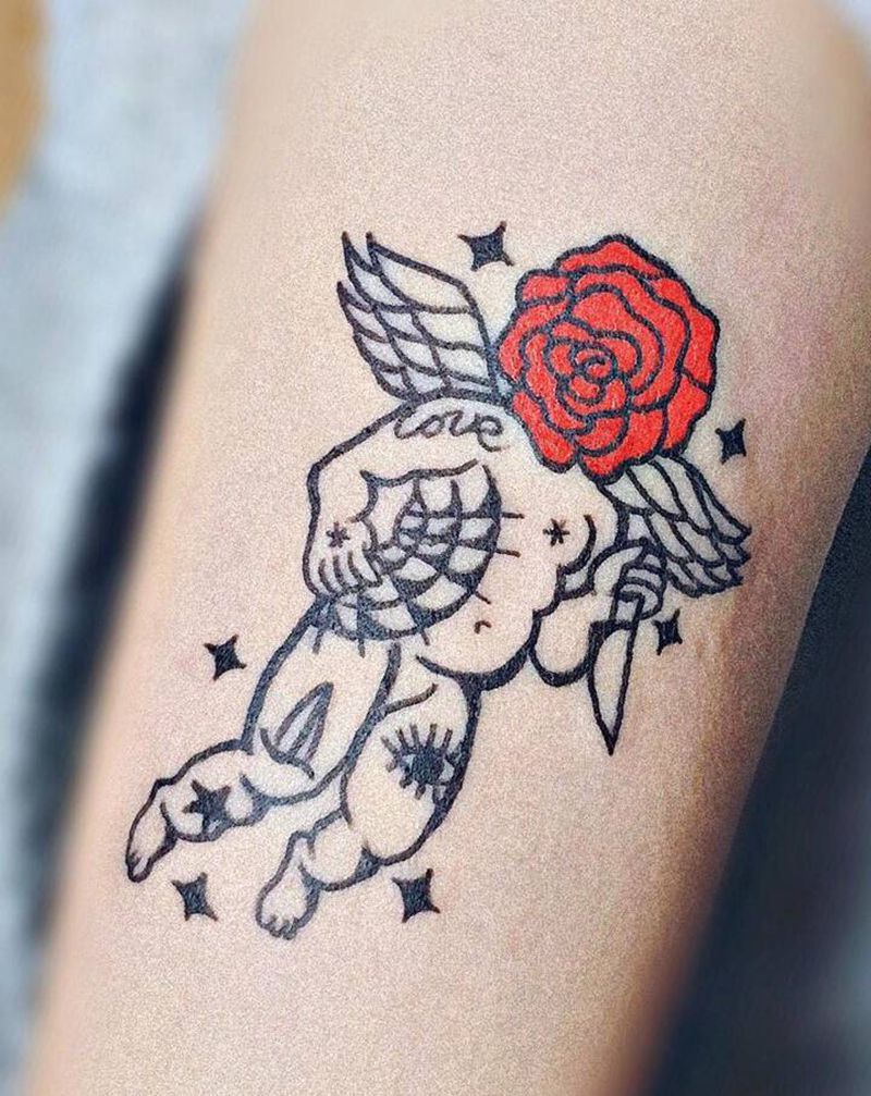 玫瑰花头丘比特纹身图片_手臂Old School纹身图案