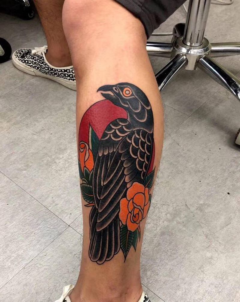 OS乌鸦纹身图片_腿部Old School纹身图案