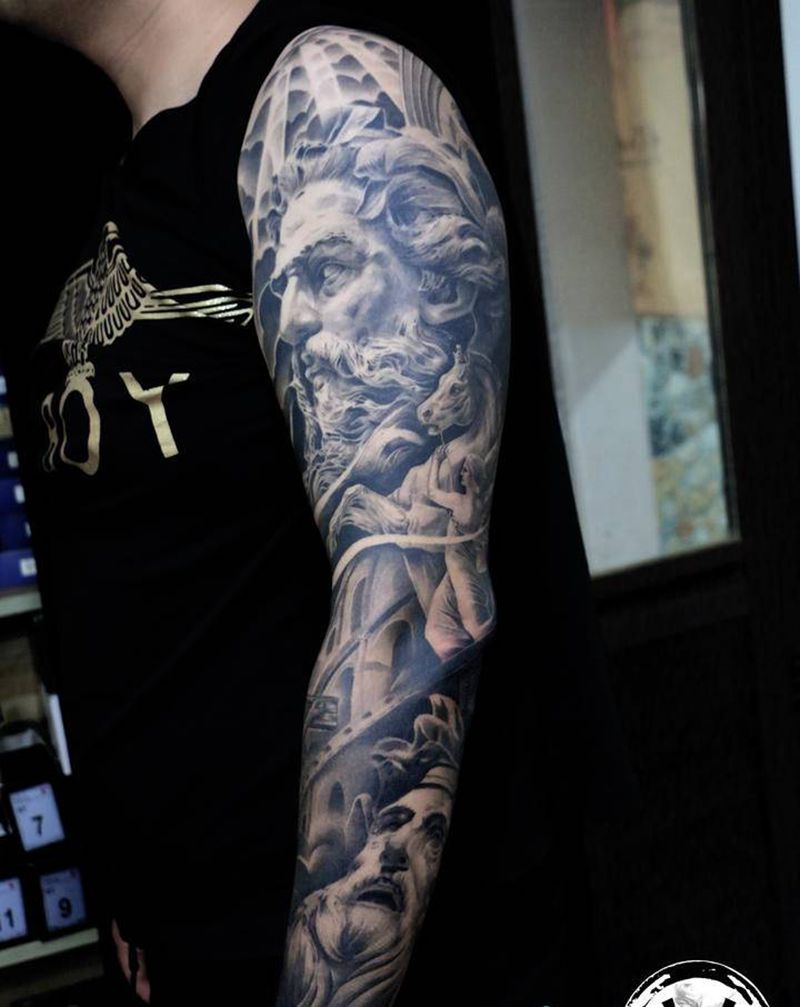 欧美波塞冬纹身图片_欧美写实纹身图案