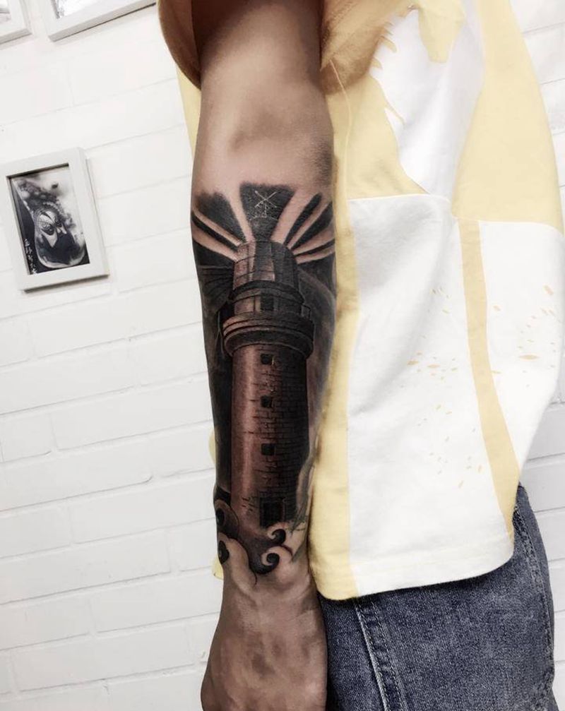 灯塔纹身图片_手臂手部新传统欧美写实纹身图案