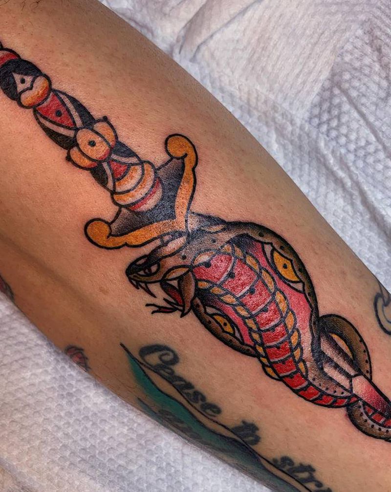 old school拼接纹身图片_腿部Old School纹身图案