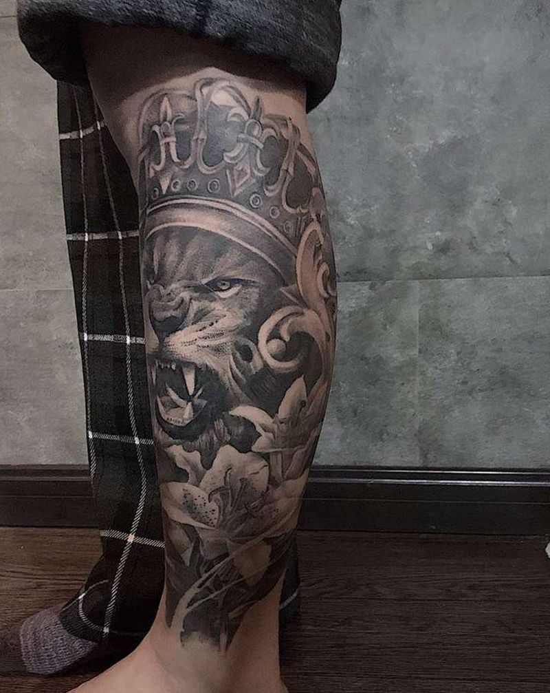 狮子与百合纹身图片_腿部欧美写实纹身图案