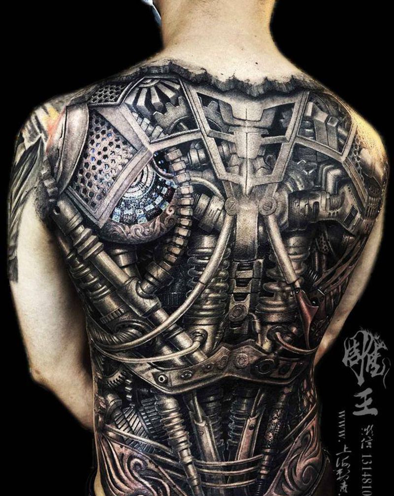 零五纹身图片_背部颈部欧美写实几何机械写实纹身图案