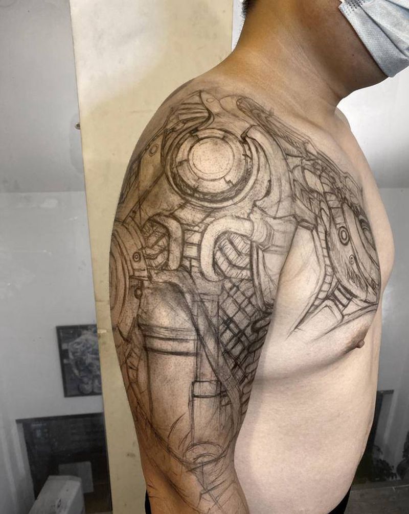 机械直播纹身图片_手臂胸部机械纹身图案